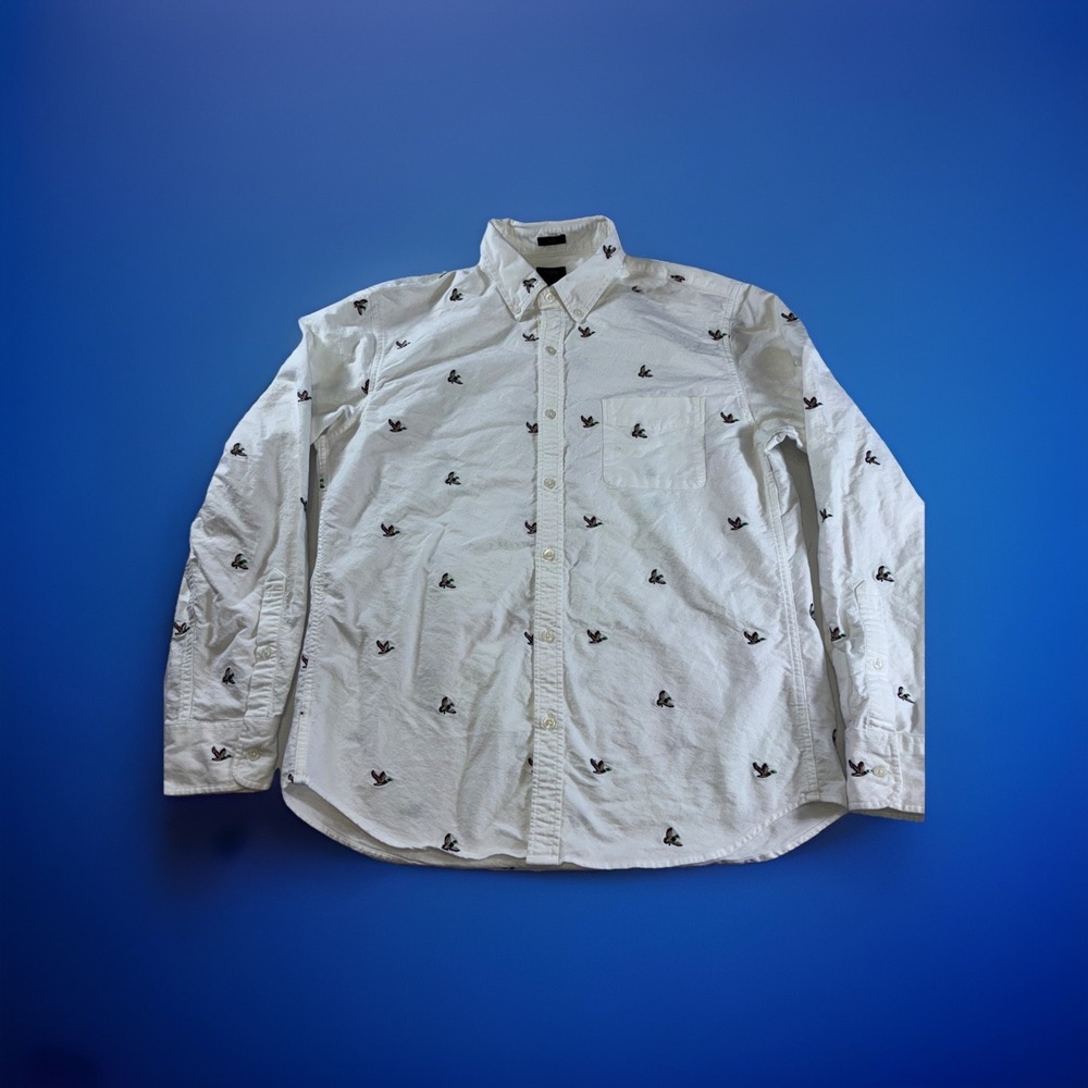 J Crew Oxford Knit Slim Fit Button Down Shirt Mallard Duck Design Men's L White
